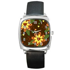 Floral Hearts Brown Green Retro Square Metal Watch