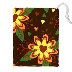 Floral Hearts Brown Green Retro Drawstring Pouch (4xl) by Hannah976
