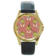 Cactus Pattern Background Texture Round Gold Metal Watch