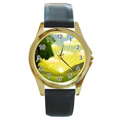 Wallpaper Background Landscape Round Gold Metal Watch