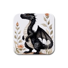 Cute Black Baby Dragon Flowers Painting (2) Rubber Square Coaster (4 Pack) by 1xmerch