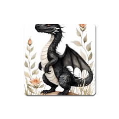 Cute Black Baby Dragon Flowers Painting (2) Square Magnet by 1xmerch