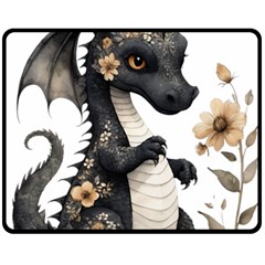 Cute Black Baby Dragon Flowers Painting (7) Two Sides Fleece Blanket (medium) by 1xmerch