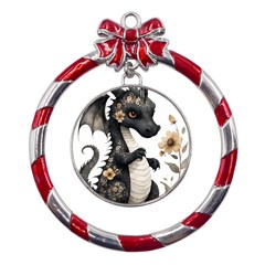 Cute Black Baby Dragon Flowers Painting (7) Metal Red Ribbon Round Ornament by 1xmerch