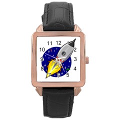 Rocket Ship Launch Vehicle Moon Rose Gold Leather Watch 