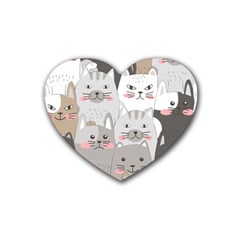 Cute Cats Seamless Pattern Rubber Heart Coaster (4 Pack)