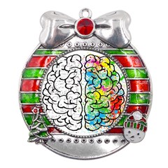 Brain Mind Psychology Idea Drawing Metal X Mas Ribbon With Red Crystal Round Ornament