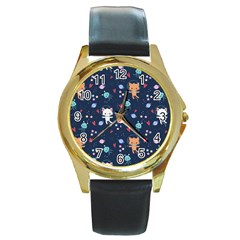 Cute Astronaut Cat With Star Galaxy Elements Seamless Pattern Round Gold Metal Watch by Grandong