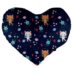 Cute Astronaut Cat With Star Galaxy Elements Seamless Pattern Large 19  Premium Flano Heart Shape Cushions