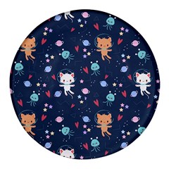 Cute Astronaut Cat With Star Galaxy Elements Seamless Pattern Round Glass Fridge Magnet (4 Pack) by Grandong