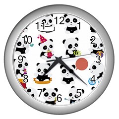 Playing Pandas Cartoons Wall Clock (silver) by Apen