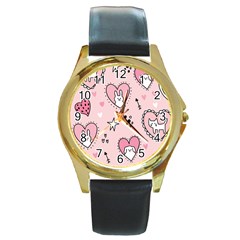Cartoon Cute Valentines Day Doodle Heart Love Flower Seamless Pattern Vector Round Gold Metal Watch by Apen
