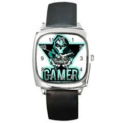 Gamer Illustration Gamer Video Game Logo Square Metal Watch