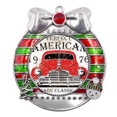 Perfect American Vintage Classic Car Signage Retro Style Metal X mas Ribbon With Red Crystal Round Ornament by Sarkoni