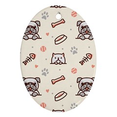 Pug Dog Cat With Bone Fish Bones Paw Prints Ball Seamless Pattern Vector Background Ornament (oval) by Bedest