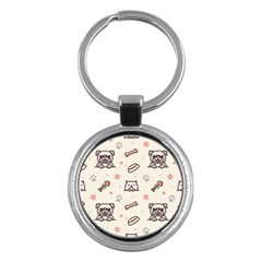 Pug Dog Cat With Bone Fish Bones Paw Prints Ball Seamless Pattern Vector Background Key Chain (round) by Bedest