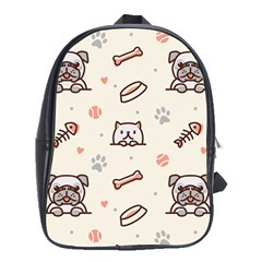 Pug Dog Cat With Bone Fish Bones Paw Prints Ball Seamless Pattern Vector Background School Bag (xl) by Bedest