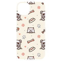 Pug Dog Cat With Bone Fish Bones Paw Prints Ball Seamless Pattern Vector Background Iphone 14 Plus Black Uv Print Case by Bedest