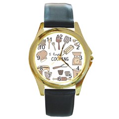 I Love Cooking Baking Utensils Knife Round Gold Metal Watch by Apen