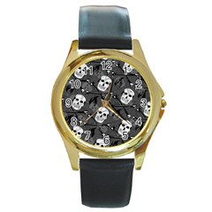 Skull Skeleton Pattern Texture Round Gold Metal Watch by Apen