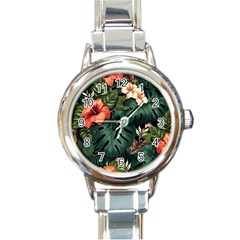 Flowers Monstera Foliage Tropical Round Italian Charm Watch