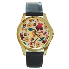 Autumn Leaves Colours Season Round Gold Metal Watch by Ravend