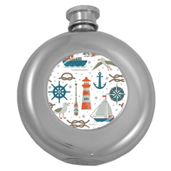 Nautical Elements Pattern Background Round Hip Flask (5 Oz) by Grandong