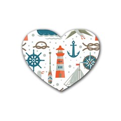 Nautical Elements Pattern Background Rubber Heart Coaster (4 Pack)