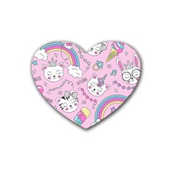 Cute Cat Kitten Cartoon Doodle Seamless Pattern Rubber Heart Coaster (4 pack)