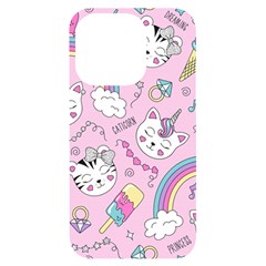 Cute Cat Kitten Cartoon Doodle Seamless Pattern iPhone 14 Pro Black UV Print Case