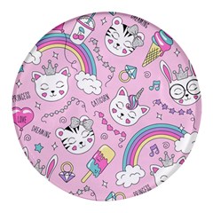 Cute Cat Kitten Cartoon Doodle Seamless Pattern Round Glass Fridge Magnet (4 pack)