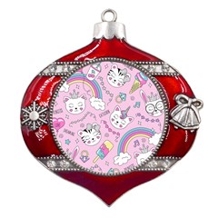 Cute Cat Kitten Cartoon Doodle Seamless Pattern Metal Snowflake And Bell Red Ornament