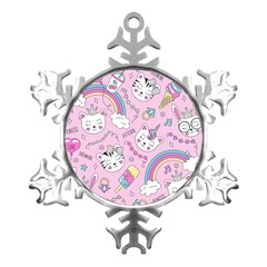 Cute Cat Kitten Cartoon Doodle Seamless Pattern Metal Small Snowflake Ornament