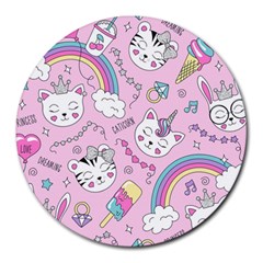 Beautiful Cute Animals Pattern Pink Round Mousepad