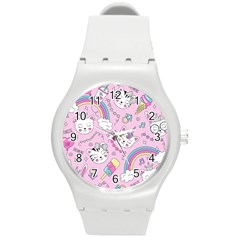 Beautiful Cute Animals Pattern Pink Round Plastic Sport Watch (M)