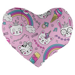 Beautiful Cute Animals Pattern Pink Large 19  Premium Flano Heart Shape Cushions