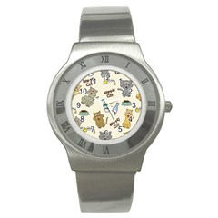 Cute Astronaut Cat With Star Galaxy Elements Seamless Pattern Stainless Steel Watch