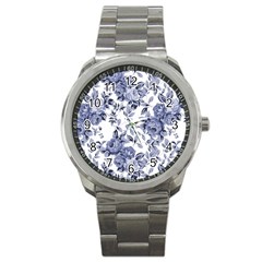 Blue Vintage Background Background With Flowers, Vintage Sport Metal Watch by nateshop