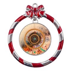 Dreamcatcher, Abstract, Colorful, Colors, Dream, Golden, Vintage Metal Red Ribbon Round Ornament