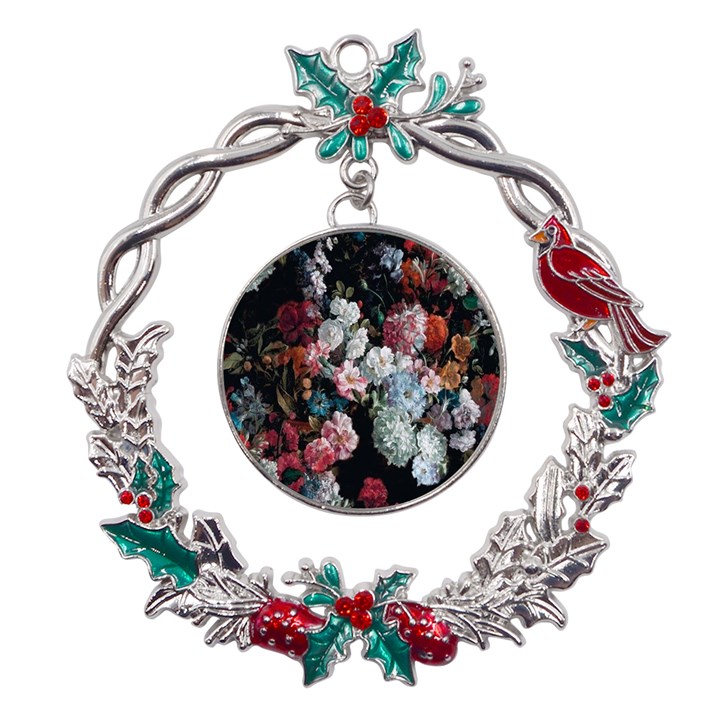 Floral Pattern, Red, Floral Print, E, Dark, Flowers Metal X mas Wreath Holly leaf Ornament