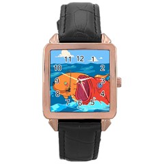 Adventure Time Fish Landscape Rose Gold Leather Watch 