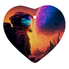 Illustration Trippy Psychedelic Astronaut Landscape Planet Mountains Heart Ornament (two Sides)