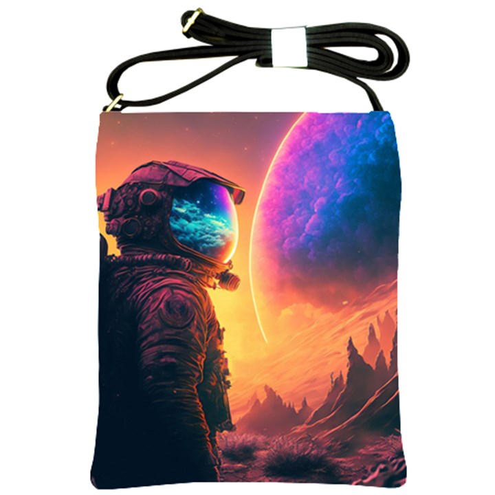 Illustration Trippy Psychedelic Astronaut Landscape Planet Mountains Shoulder Sling Bag