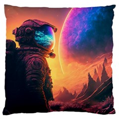 Illustration Trippy Psychedelic Astronaut Landscape Planet Mountains Large Premium Plush Fleece Cushion Case (one Side) by Sarkoni