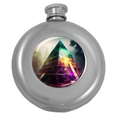 Tropical Forest Jungle Ar Colorful Midjourney Spectrum Trippy Psychedelic Nature Trees Pyramid Round Hip Flask (5 Oz)