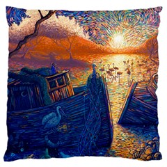 Digital Art Fantasy Impressionism Painting Ship Boat Psychedelic Peacock Mushroom Flamingos Hipwreck Large Cushion Case (two Sides)