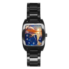 Digital Art Fantasy Impressionism Painting Ship Boat Psychedelic Peacock Mushroom Flamingos Hipwreck Stainless Steel Barrel Watch