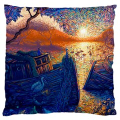 Digital Art Fantasy Impressionism Painting Ship Boat Psychedelic Peacock Mushroom Flamingos Hipwreck Large Premium Plush Fleece Cushion Case (one Side)