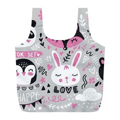 Big Set With Cute Cartoon Animals Bear Panda Bunny Penguin Cat Fox Full Print Recycle Bag (l) by Bedest