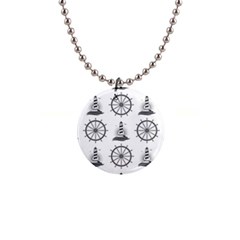 Marine Nautical Seamless Pattern With Vintage Lighthouse Wheel 1  Button Necklace